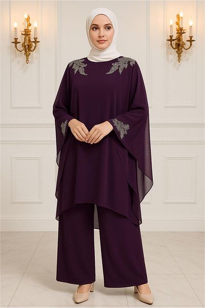 TRENDTESETTÜR Women's Damson Stone Evening Dress with Pants Suit t 4431