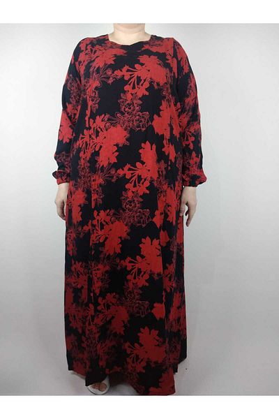 YAŞAR TRİKO Women's Red Pentagonal Collar Long Sleeve Sleeve Ankle Elastic Summer Viscose Long Dress Pulls 2 cm Water