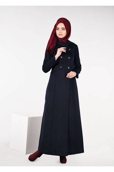 TRENDTESETTÜR Women's Navy Blue Double-Breasted Buttoned Mantel 9491