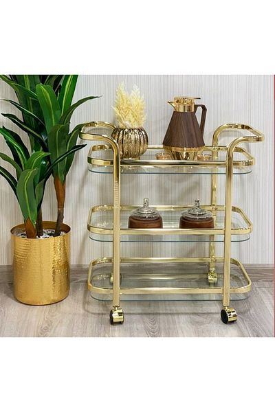 private house Taiwanese gold 3-tier steel and glass tea cart