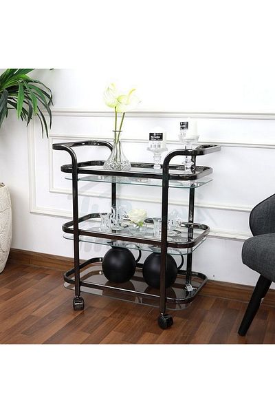 private house 3-Tier Taiwanese Black Glossy Glass Steel Tea Trolley