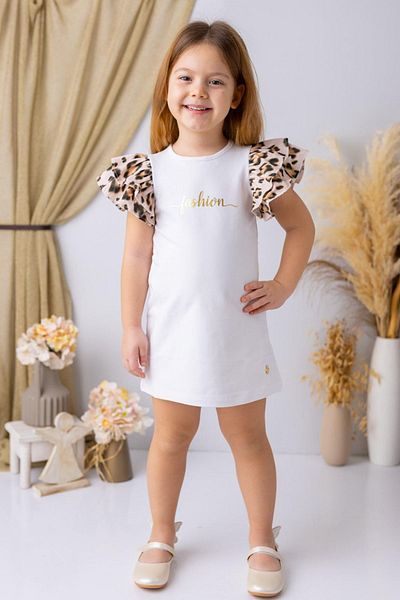 Minigimin Cicileri Rochie pentru fetiță, cu mâneci leopard, cu volan, pentru fetiță - albă
