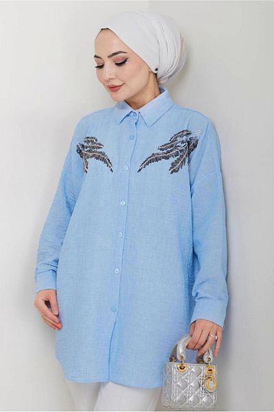 TRENDTESETTÜR Women's Blue Stone Detailed Tunic t 5069