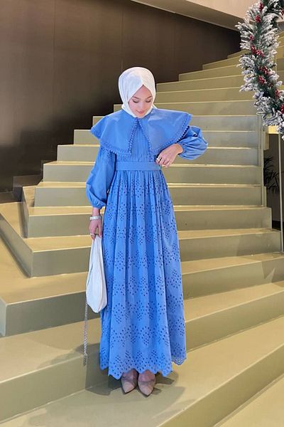 Denivy Lace Detailed Hijab Dress - Flounce and Belt Design Dnv- 000041