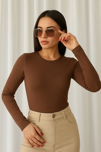 modavingo Women's Brown Crew Neck Long Sleeve Badi