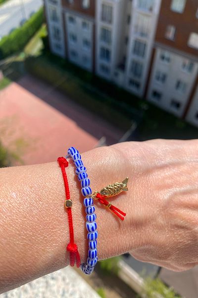 Shepidi 2Pcs Blue Striped Bead Gold Fish Figure Red String Bracelet