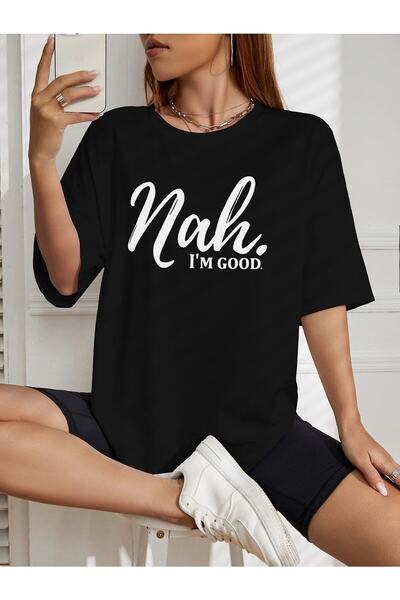 NOFLEN Nah Printed Black Oversize T-shirt Casual Boyfirend