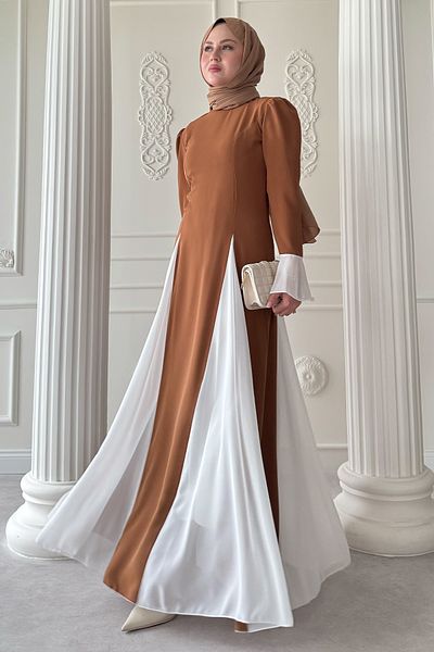 InStyle Tan Dress with Tulle Detail on Sleeves and Skirt
