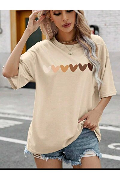 NOFLEN Γυναικείο μπλουζάκι Minimal Heart Printed Beige Oversize Salas Boyfriend