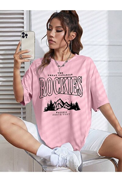 NOFLEN Rockıes Printed Black Oversize T-shirt Casual Boyfirend