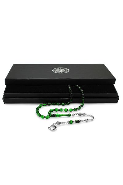Tesbihane Ayyıldız Non-Tarnish Metal Tasseled Barley Cut Strained Green-Black Fire Amber Rosary
