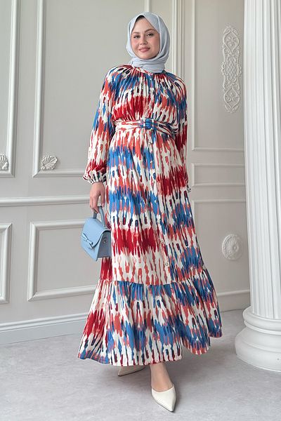 InStyle Colorful Marbled Red Viscose Dress with Belt