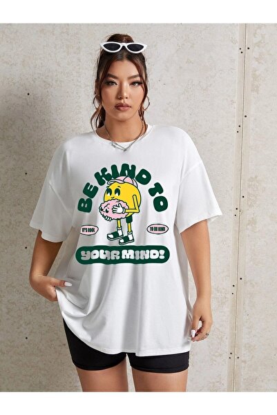 NOFLEN Kind To Printed Tricou oversize, alb, largi, pentru femei, prieten