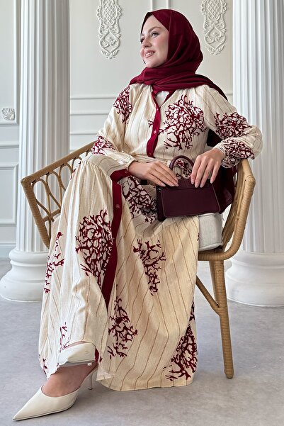 InStyle Renkli Boydan Biye Detay Bordo Viskon Elbise