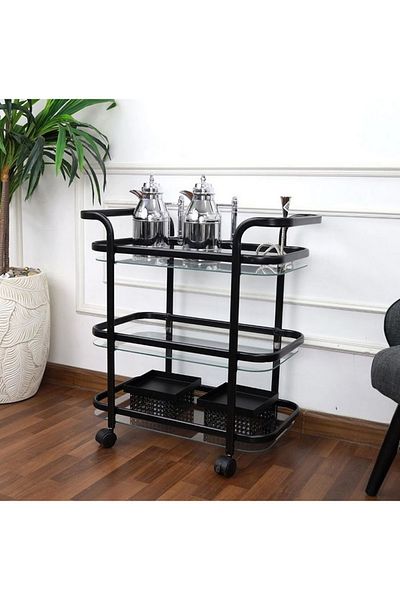 private house 3-Tier Matte Black Taiwanese Glass Steel Tea Trolley