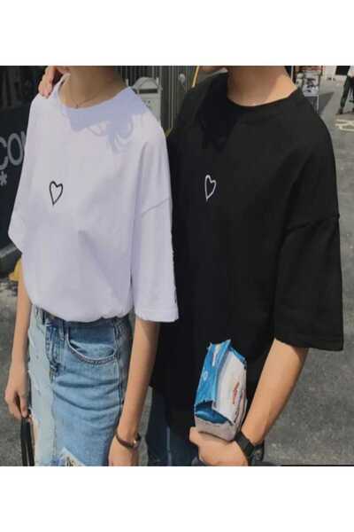 NOFLEN طقم مكون من قطعتين مطبوع عليه قلب، تي شيرت Salas كبير الحجم Boyfriend