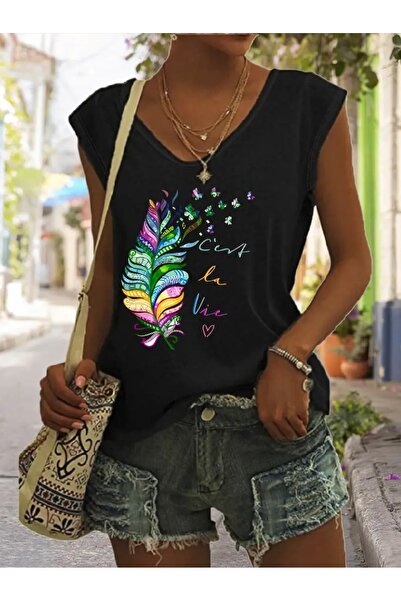 NOFLEN Γυναικείο μπλουζάκι με λαιμόκοψη V, αμάνικο Oversize Salas Boyfriend