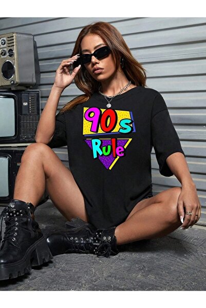 my feminen 90s قاعدة مطبوعة تي شيرت أسود كبير الحجم عارضة Boyfirend