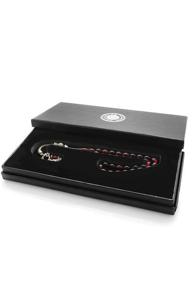 Tesbihane Ayyıldız Anti-Tarnish Metal Tasseled Barley Cut Red-black Fire Amber Prayer Beads