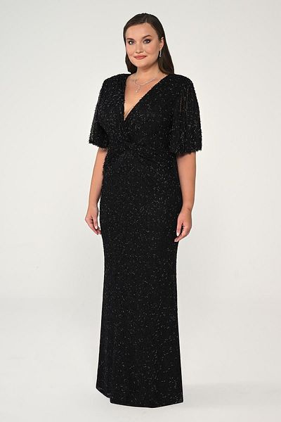 ALFABETA Alpha Beta Women's V Neck Short Sleeve Beaded Fabric Long Evening Dress