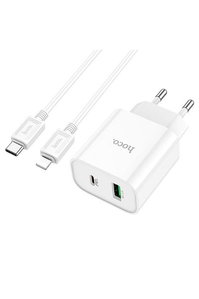 REDz Accessories Charger Set, Lighting Cable Hoco C80a Plus Adapter, Type-c And Usb Port, Fast Charging 20w, White