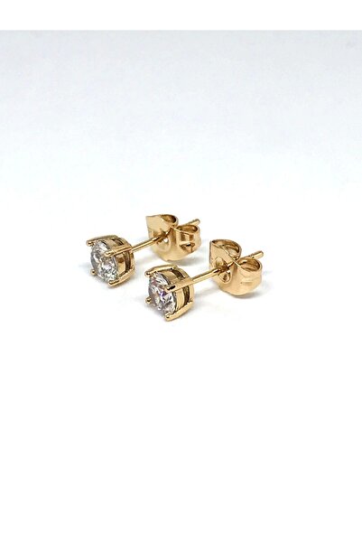 Mercan Aksesuar Unisex Altın Kaplama Çelik Tek Taş Küpe 1 Çift