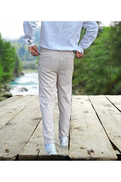 MODA Men's Elastic Waist Half Belt Seersucker Trousers