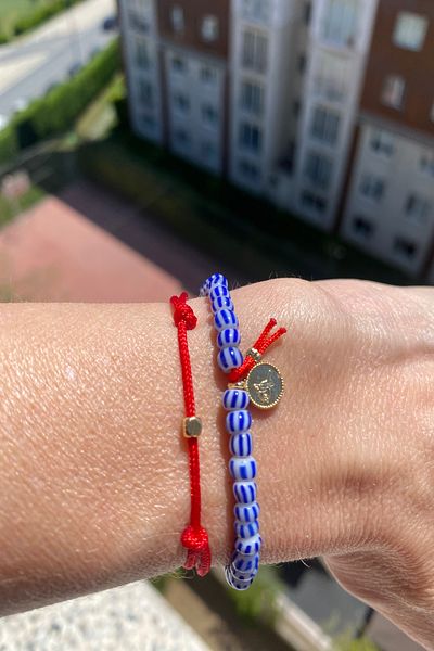 Shepidi 2'Li Mai Striped Bead Gold Tuğra Red Rope Bracelet