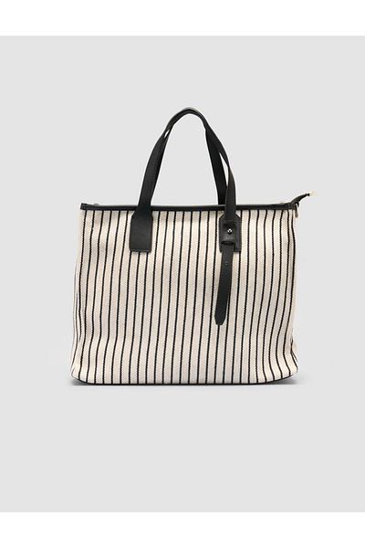 Cabani Striped Linen Beige - Black Women's Bag