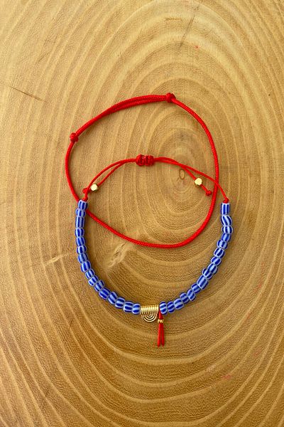 Shepidi 2Pcs Blue Striped Bead Gold Half Moon Red Rope Bracelet