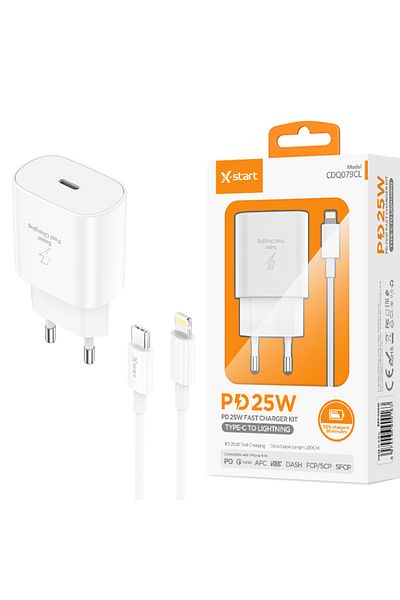REDz Accessories Set adaptor X-Start CDQ079CL și cablu Lightning, pentru iPhone, încărcare rapidă 25W, alb