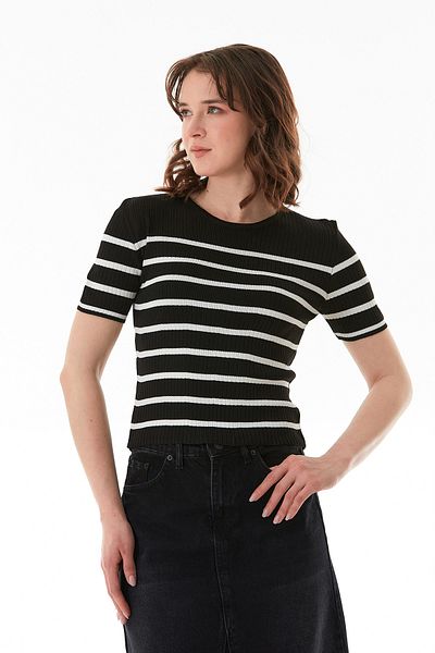 Fulla Moda Μπλούζα πλεκτή με ριγέ κορδόνι με λαιμόκοψη