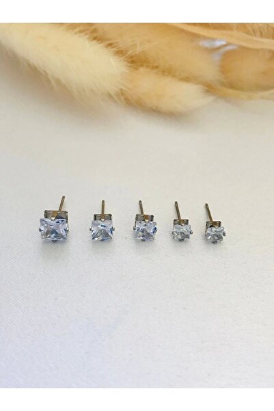 Mercan Aksesuar Kadın Erkek Zirkon Taşlı 5 Boy 1 Çift Çelik Küpe Gümüş Renk