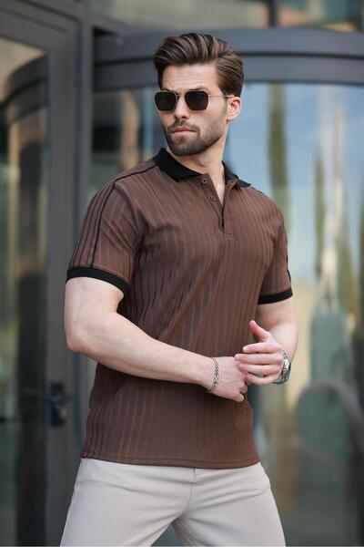 Madmext Ανδρικό μπλουζάκι πλεκτό με καφέ σχέδιο Polo γιακά E7155