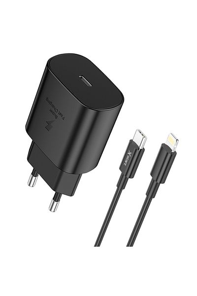 REDz Accessories Set adaptor X-Start CDQ079CL și cablu Lightning, pentru iPhone, încărcare rapidă 25W, negru