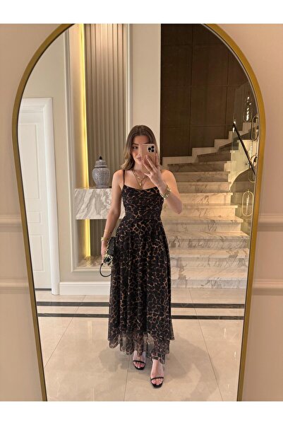 CKBUTİK Leopar Desenli İp Askılı Midi Boy Elbise