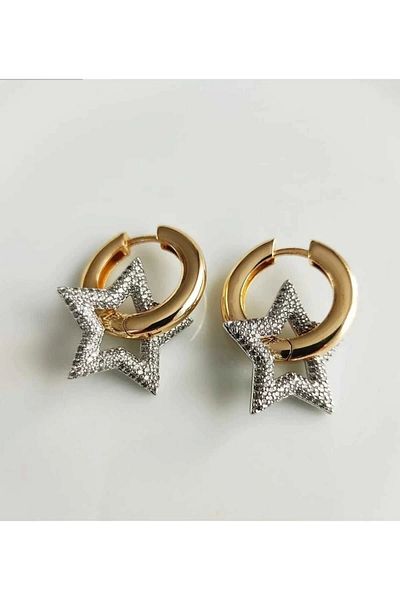 SOSO EXCLUSİVE Stainless Steel Star Model Zircon Stone Gold Hoop Earrings