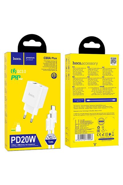 REDz Accessories Charger Set, Type-c Cable Hoco C80a Plus Adapter, Type-c And Usb Port, Fast Charging 20w, White