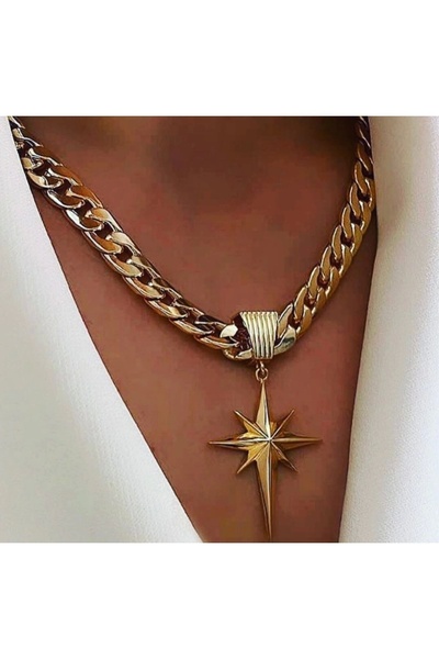 Elmas Dizayn Kuzey Yıldız Rodyum Kaplama Kalın Zincir Gold Renk Kolye