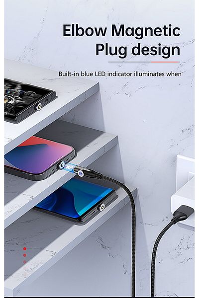 REDz Accessories Cablu de încărcare rapidă, 2.4A, conector magnetic USB-C, 1m, argintiu, rotație 360 ​​și 90 de grade, LED