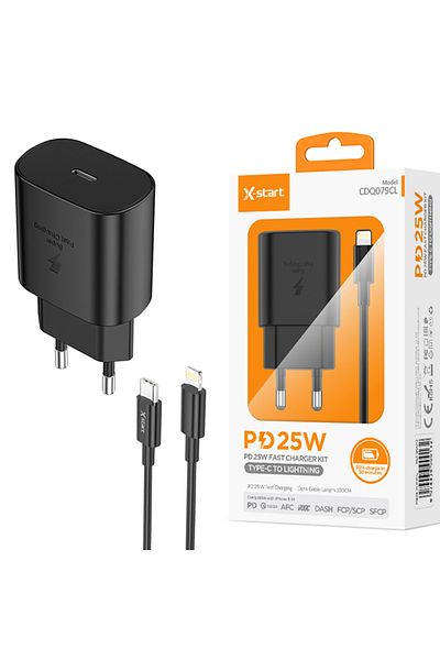 REDz Accessories Set adaptor X-Start CDQ079CL și cablu Lightning, pentru iPhone, încărcare rapidă 25W, negru