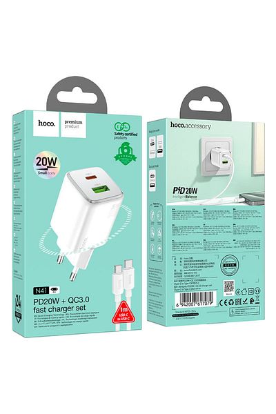 REDz Accessories Set încărcător Hoco N41, cablu adaptor tip C cu 2 porturi, 20w, pentru iPhone 15/16 și Android, alb