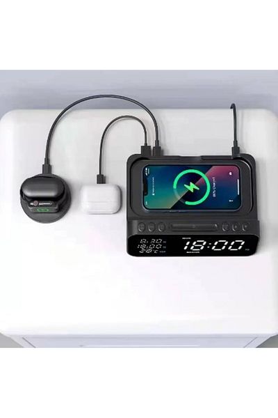 REDz Accessories Încărcător wireless multifuncțional, ceas/termometru, încărcare rapidă, 15W, negru