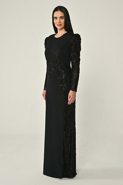 ALFABETA Alfa Beta Sleeves Waist and Slit Sequined Crepe Long Evening Dress