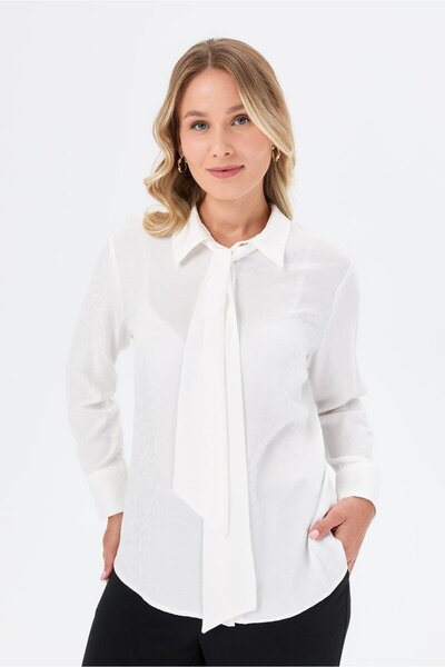 accort Fular Detaylı Büyük Beden Gömlek-KEMIK