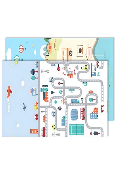 Teno Covoras de Joaca pentru Copii Teno®, 2 fete, oras si plaja, 200x180cm, grosime 1 cm, multicolor