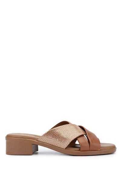 Tamer Tanca Women's Genuine Leather Tan Heeled Slippers