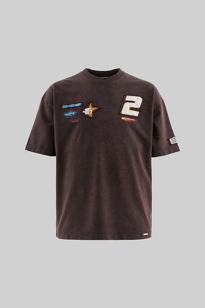 Machinist Men's Multiple Patchies Washed Oversize Dark Coffee T-Shirt