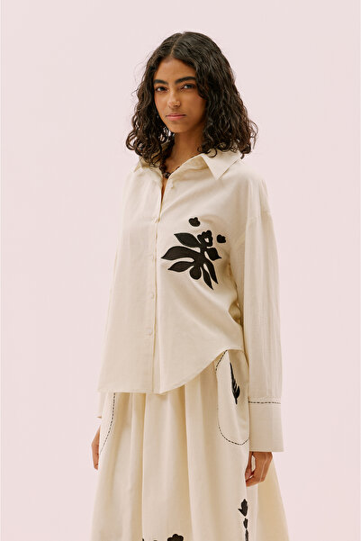 Roman Nakışlı Keten Gömlek Bej- Siyah Y2563109_218