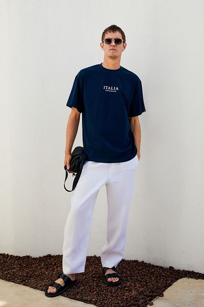 GRIMELANGE Italia Men's 100% Organic Cotton Front Back Print Detailed Oversize Short Sleeve Navy Blue T-Shirt